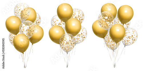 Golden balloon bday bunch, 3d birthday balls float on ribbon. Beige confetti vector balons on gold string, happy anniversary party decor mockup. Air helium inflated bound event congratulation gift