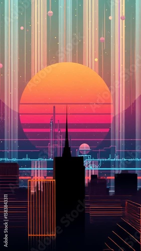 Vibrant sunset over futuristic city skyline with mountains and digital elements
