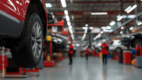 Wallpaper Mural Car undergoing maintenance on a lift in a busy automotive repair shop. Technicians in red shirts work in the background. Torontodigital.ca