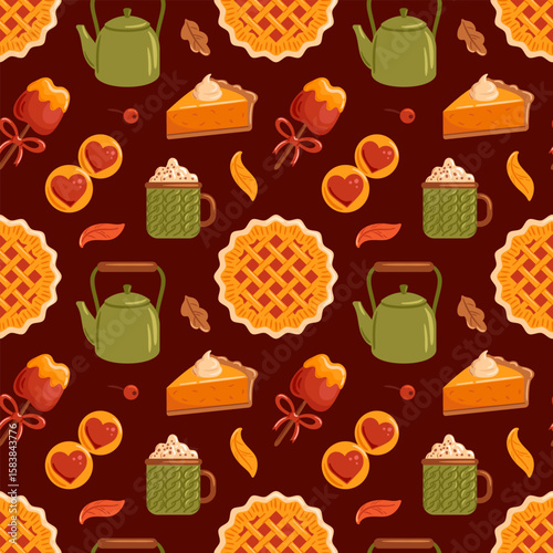 This delightful vector illustration showcases a cozy seamless pattern featuring teapots, pies, warm drinks, and autumn leaves. Ideal for fall-themed designs, textiles, and festive decor
