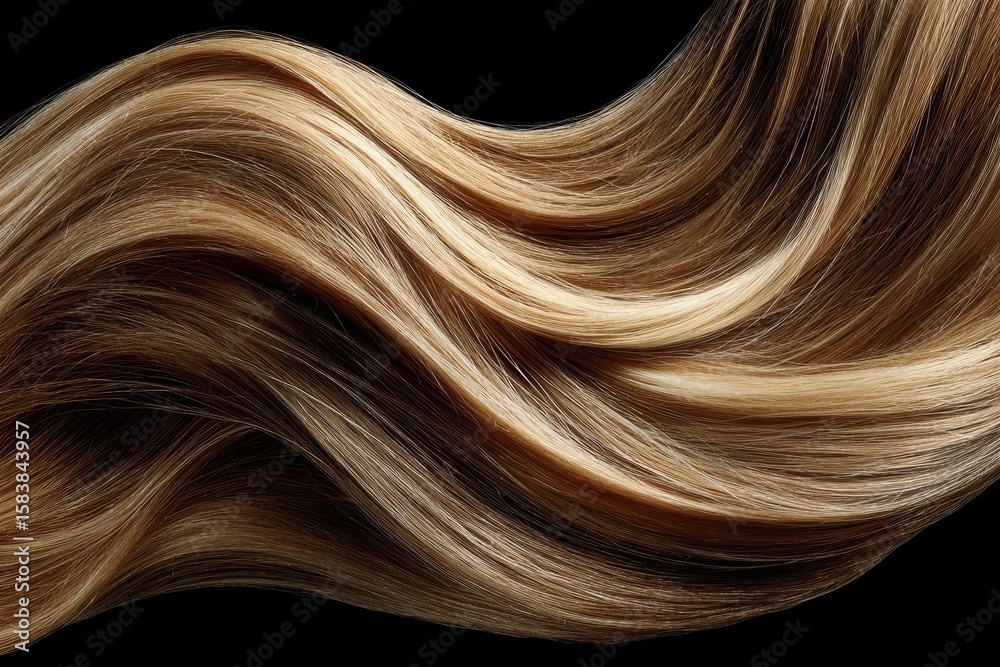 Naklejka premium Flowing strands of blonde and brunet hair create a beautiful contrast against a dark background for an elegant look perfect for styling inspiration
