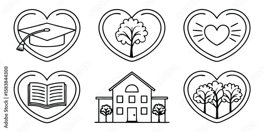 Fototapeta premium Heart shaped icons graduation tree heart house book