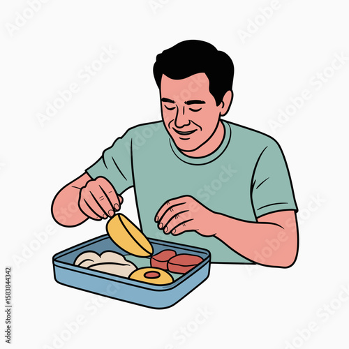 Man smiling while packing lunchbox with various foods at home  