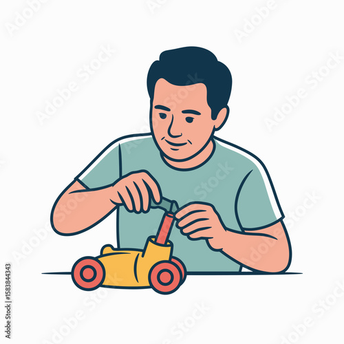 Man repairing yellow toy vehicle with screwdriver at table for International Men's Day  