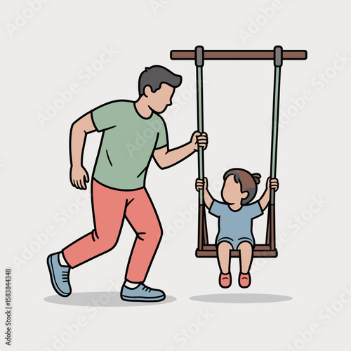 Father pushing child on swing in playful manner - Concept of International Men's Day  