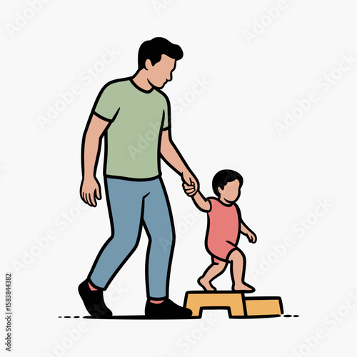 Father helping toddler take first steps on a walking block for International Men's Day  