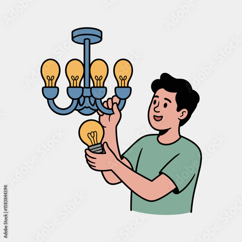 Young man changing lightbulb in chandelier for International Men's Day  