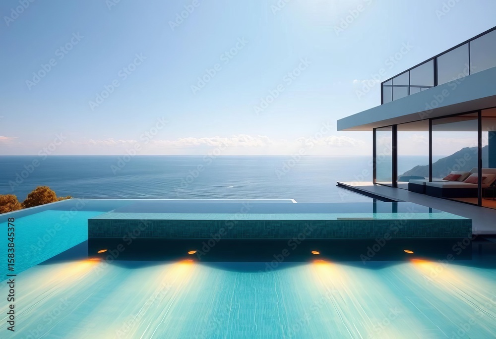Fototapeta premium Sleek minimalist villa, expansive glass windows, infinity pool, ocean view, blue, oceanfront