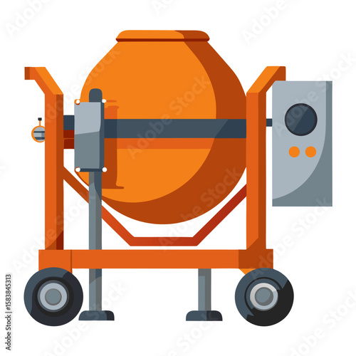 Orange concrete mixer on wheels with control panel and stand  