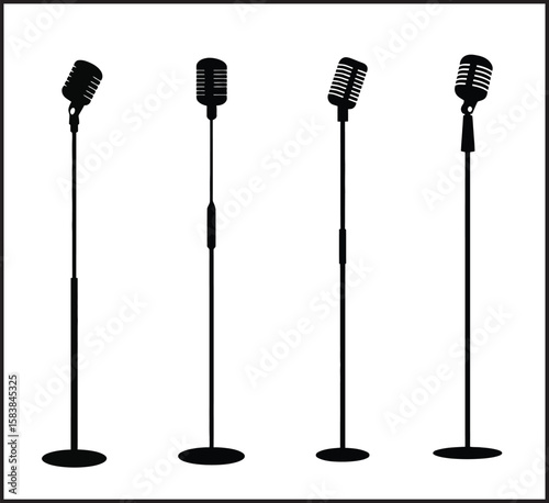 Microphone Stand Silhouette Vector Set - Audio Equipment Icons