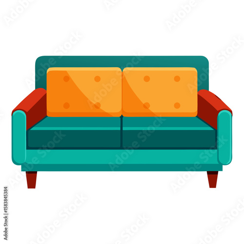 Colorful modern couch with orange cushions and teal upholstery  