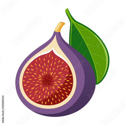 Ripe fig fruit with green leaf isolated on white background  