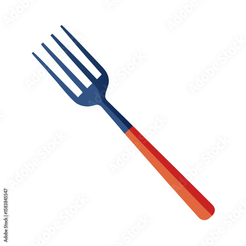 Garden fork with blue prongs and red handle on white background  
