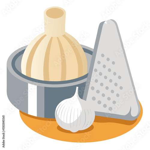 Garlic crusher and grater on orange background with garlic cloves  