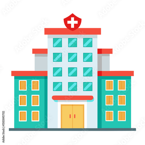 Modern hospital building with red cross symbol in flat design  