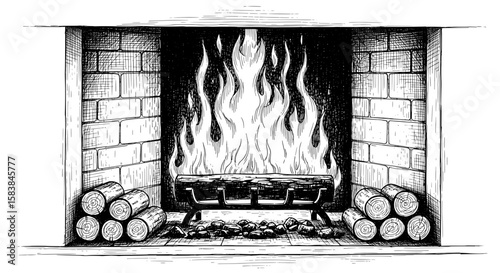 Ink Line Fireplace With Tall Flames – Monochrome Cozy Hearth Drawing
