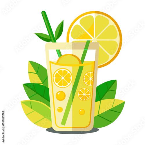 Refreshing lemonade drink with lemon slices and mint leaves  
