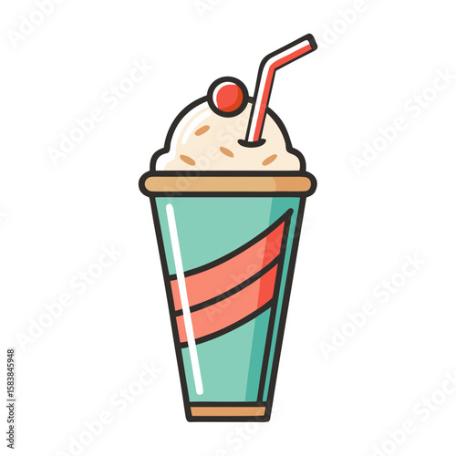 Milkshake in cup topped with whipped cream and cherry on straw  