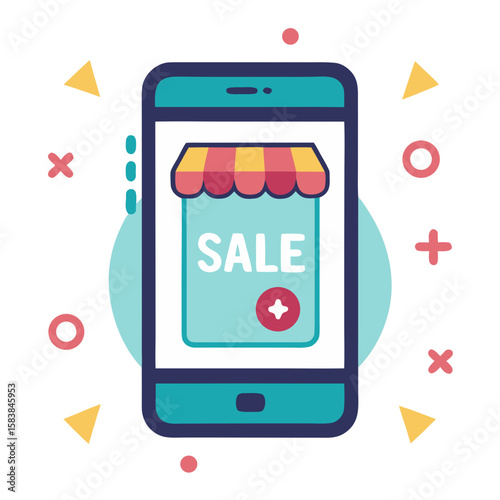Mobile phone displaying sale icon in colorful flat design  