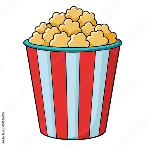 Popcorn bucket filled with buttery popcorn in red striped container  