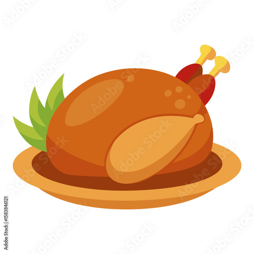 Roast turkey on a platter with garnish of green leaves  