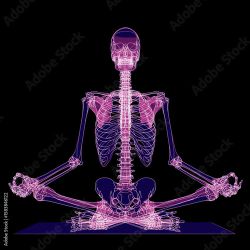 Neon Purple Skeleton in Lotus Pose – Futuristic Meditation Illustration
