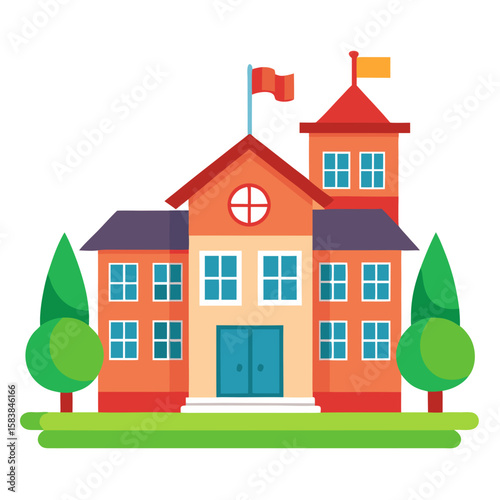 Colorful school building with flags and trees in a park setting  