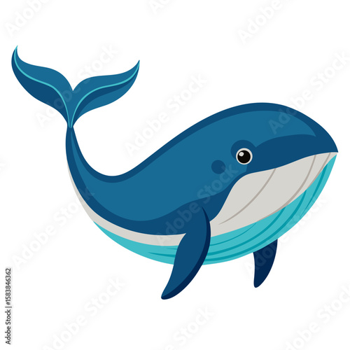 Cartoon whale swimming with playful expression in vibrant colors  