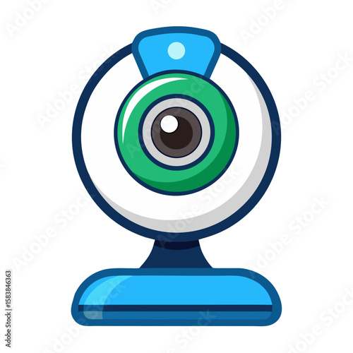 Cartoon webcam illustration with green eye in blue design  