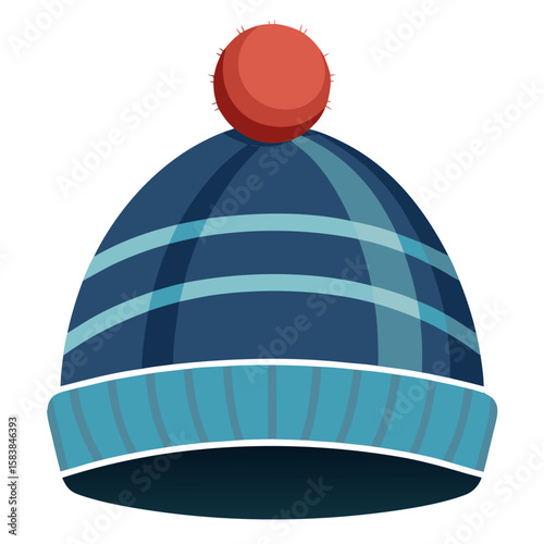 Winter beanie hat with pom-pom and blue stripes  