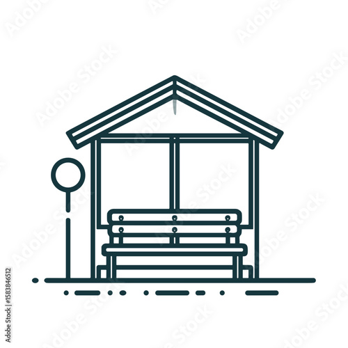 Bus stop with bench and roof in outline vector style, black and white, public transport and city infrastructure concept