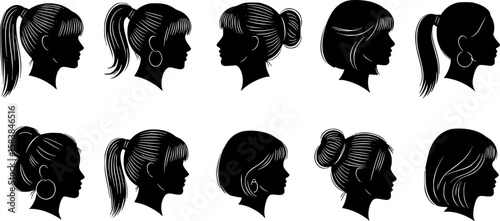 silhouettes of women's heads, various hairstyles, black and white