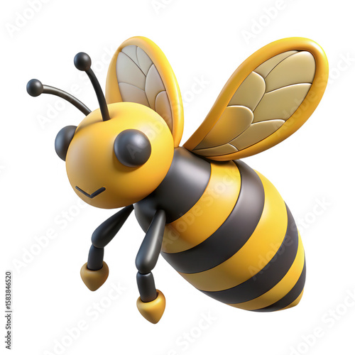 Cute 3D cartoon bee with yellow and black stripes flying isolated on transparent background
