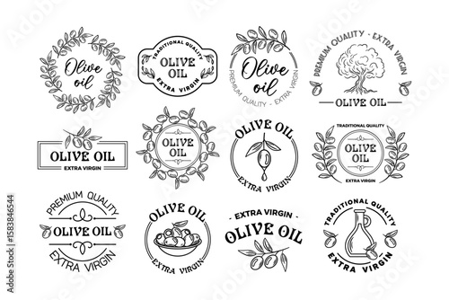 illustration presents a set of olive oil labels, each featuring unique designs and colors. The labels emphasize quality, freshness, and Mediterranean heritage, perfect for gourmet markets and stores.