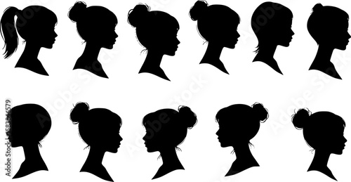 silhouettes of women's heads, various hairstyles, black and white