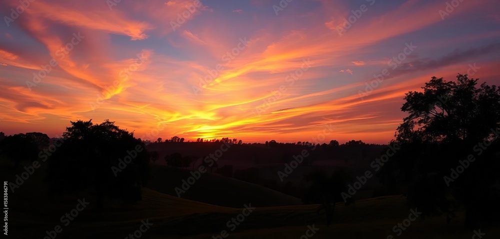 Obraz premium Sunset silhouettes of rural trees on a rolling hill, vibrant, evening
