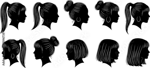 silhouettes of women's heads, various hairstyles, black and white