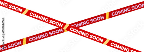 Coming Soon Red Banner Tape Stripe for shop opening, sale launch, retail notice, store ad, campaign teaser, product arrival, marketing layout. Product promotional clearance. Vector Illustration.