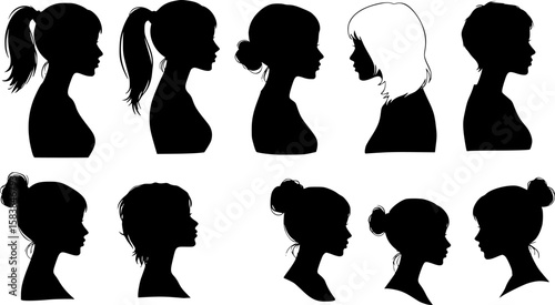 silhouettes of women's heads, various hairstyles, black and white