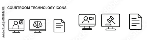 Visual representation of courtroom technology including video conferencing, legal documents, and digital tools for remote hearings