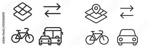 Transport icons showcasing bicycles, cars, and public transit options in a minimalist style for urban planning and mobility design