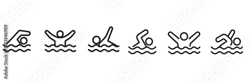 Iconic swimming movements displayed through simple line illustrations depicting various swimming strokes and actions in a pool setting