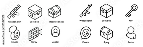 Icon set featuring gaming elements including weapons, loot boxes, and emotes for digital content and design purposes