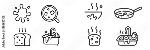 Various icons representing cooking, cleaning, and food in a whimsical and minimalist style in a domestic setting