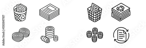 Recycling symbols showing various methods for paper and waste collection and sorting in a clean and organized manner