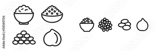 Various grains and legumes illustrated in simple line drawings displaying different types of food items and their shapes