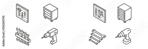 Various hand tools and storage solutions depicted in detailed line drawings for a workshop setting