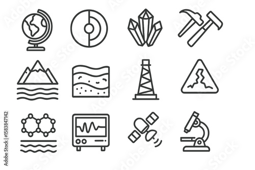 Geoscience and exploration symbols featuring globe, crystals, drilling equipment, and geological formations