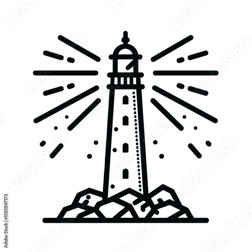 Lighthouse on rocks with shining rays in outline vector style, black and white, navigation and maritime concept