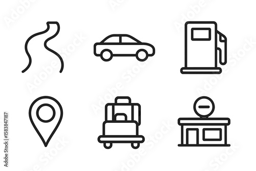 Road trip essentials on a journey through winding paths with vehicles and refueling stations